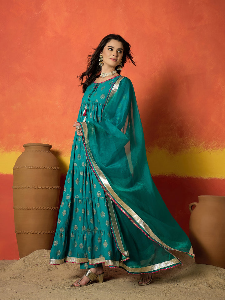 Block Gold Printed Pure Cotton Anarkali Kurta Pant Dupatta Set