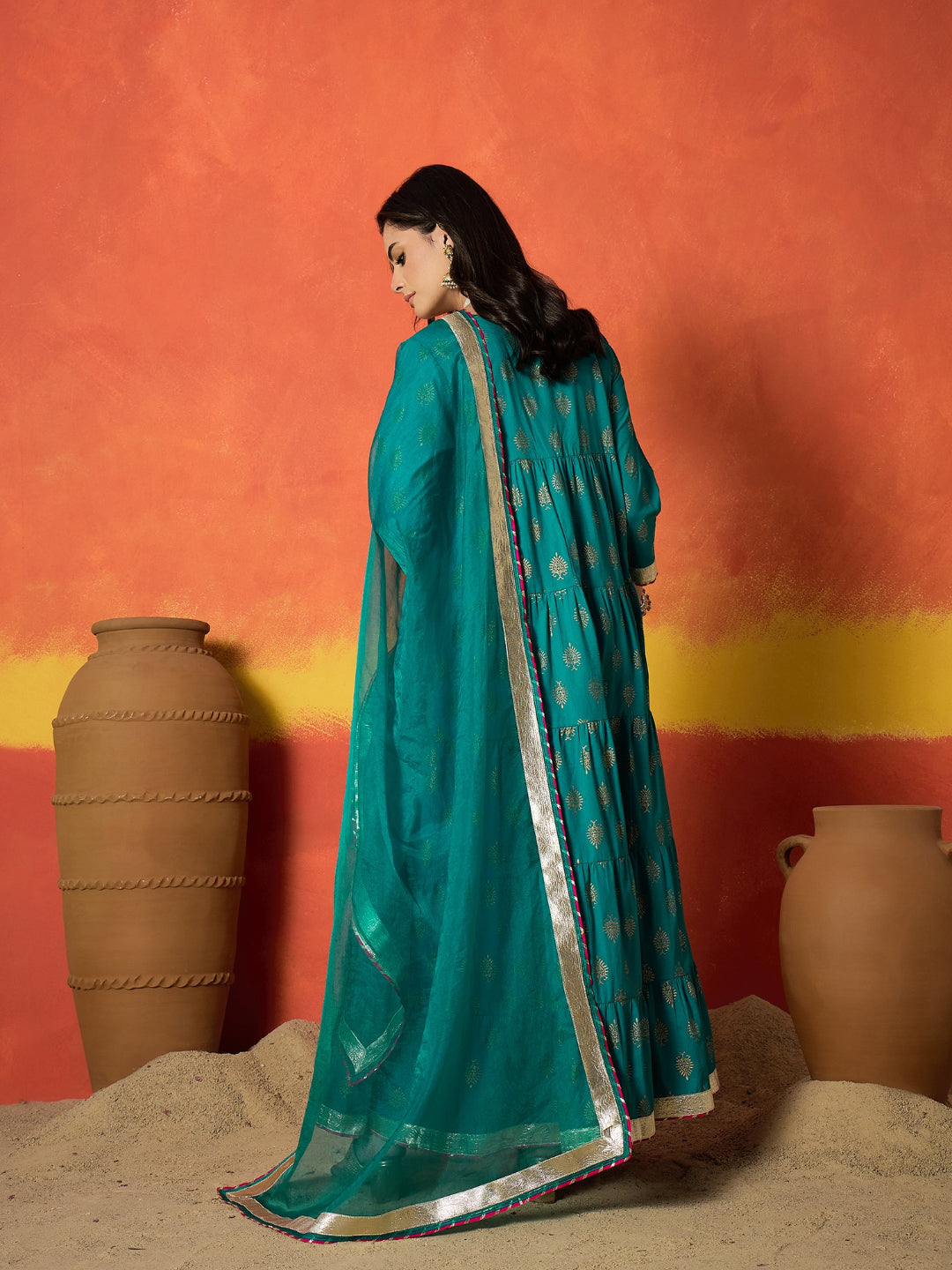 Block Gold Printed Pure Cotton Anarkali Kurta Pant Dupatta Set