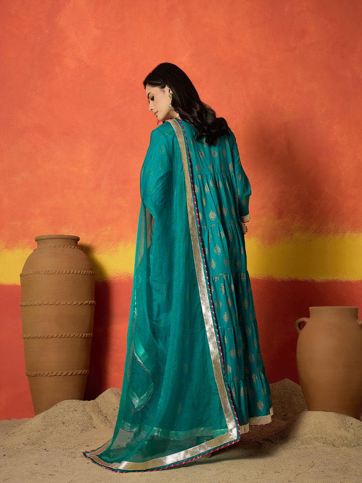 Block Gold Printed Pure Cotton Anarkali Kurta Pant Dupatta Set