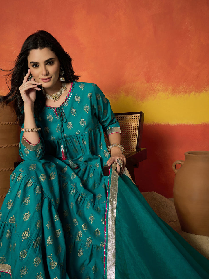 Block Gold Printed Pure Cotton Anarkali Kurta Pant Dupatta Set