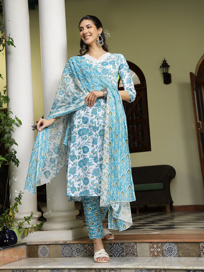 Turquoise Floral Printed Cotton A-Line Kurta Pant Dupatta Set (Pre-Order)