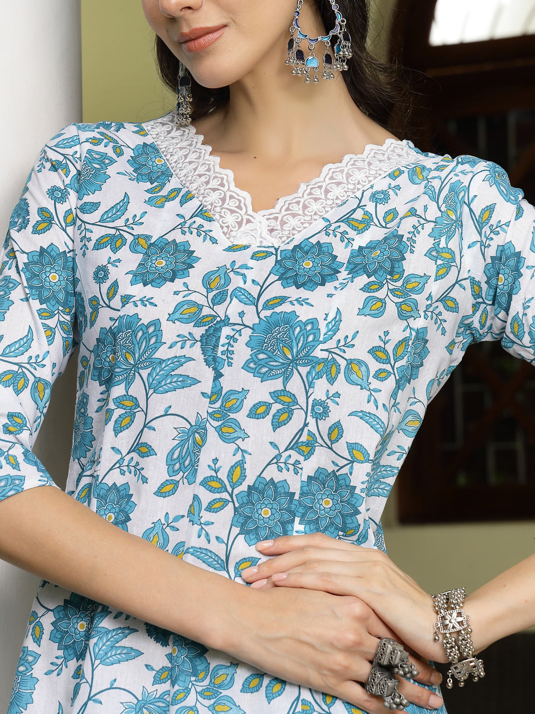 Turquoise Floral Printed Cotton A-Line Kurta Pant Dupatta Set