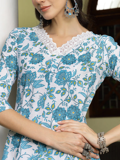 Turquoise Floral Printed Cotton A-Line Kurta Pant Dupatta Set