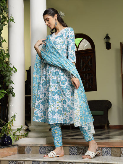 Turquoise Floral Printed Cotton A-Line Kurta Pant Dupatta Set (Pre-Order)