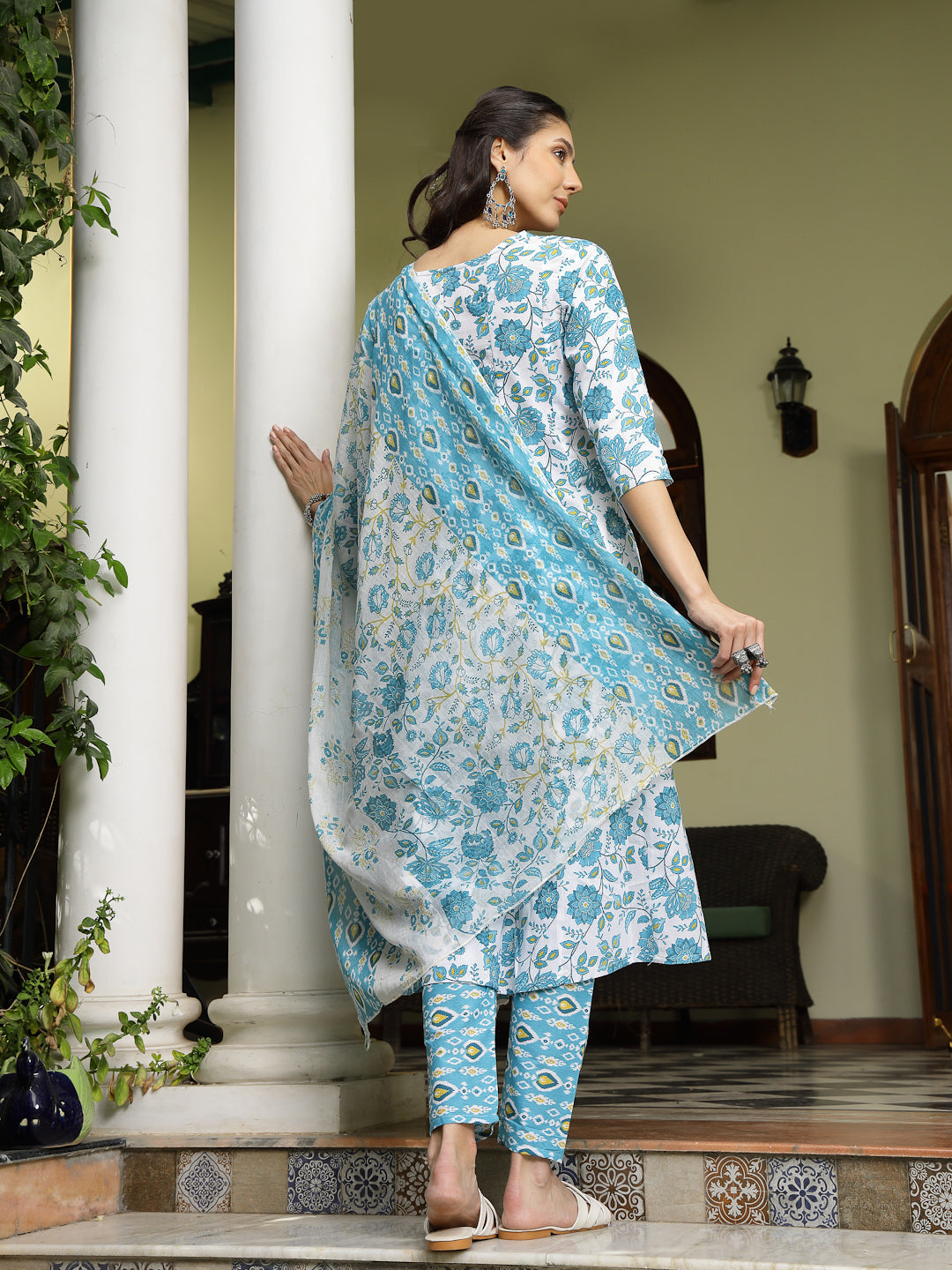 Turquoise Floral Printed Cotton A-Line Kurta Pant Dupatta Set (Pre-Order)
