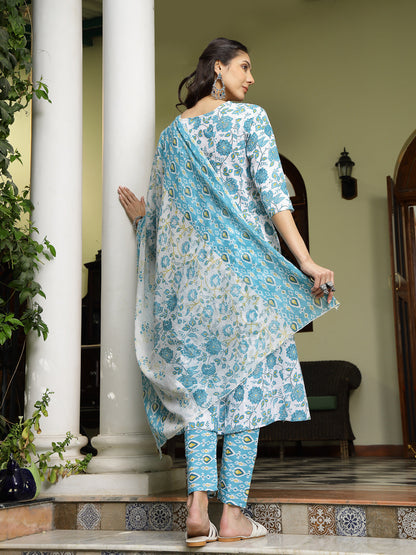 Turquoise Floral Printed Cotton A-Line Kurta Pant Dupatta Set (Pre-Order)