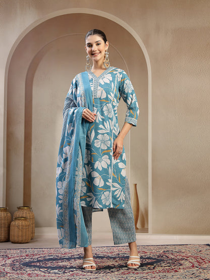 Turquoise Floral Printed Cotton Straight Kurta Pant Dupatta Set