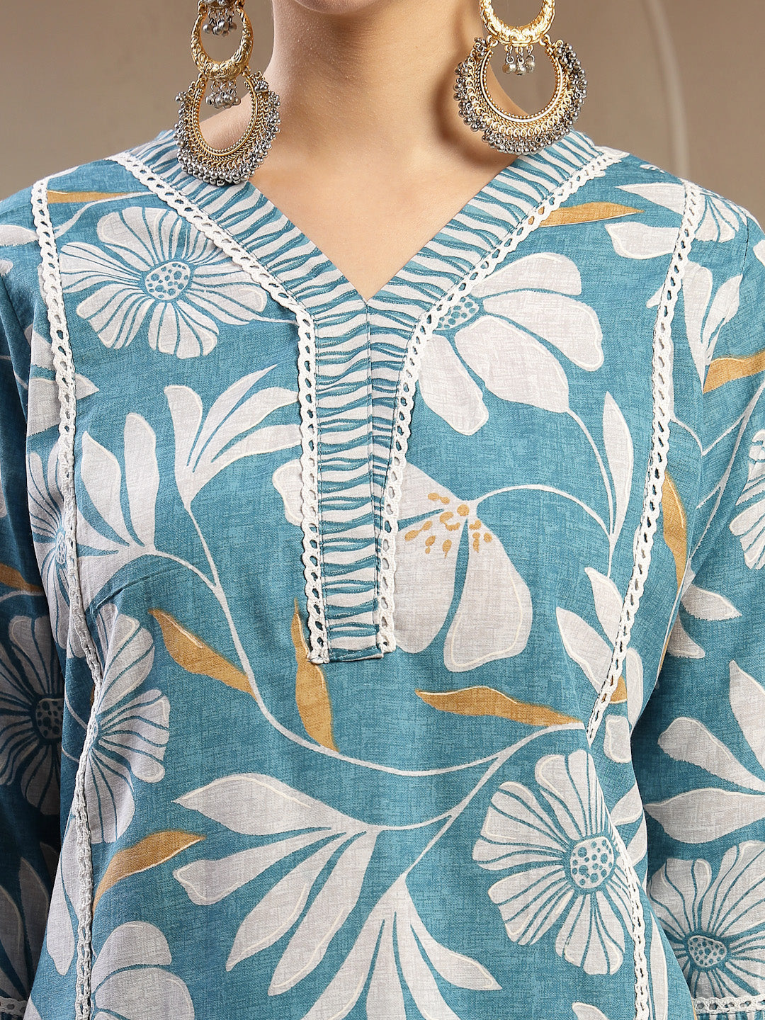 Turquoise Floral Printed Cotton Straight Kurta Pant Dupatta Set