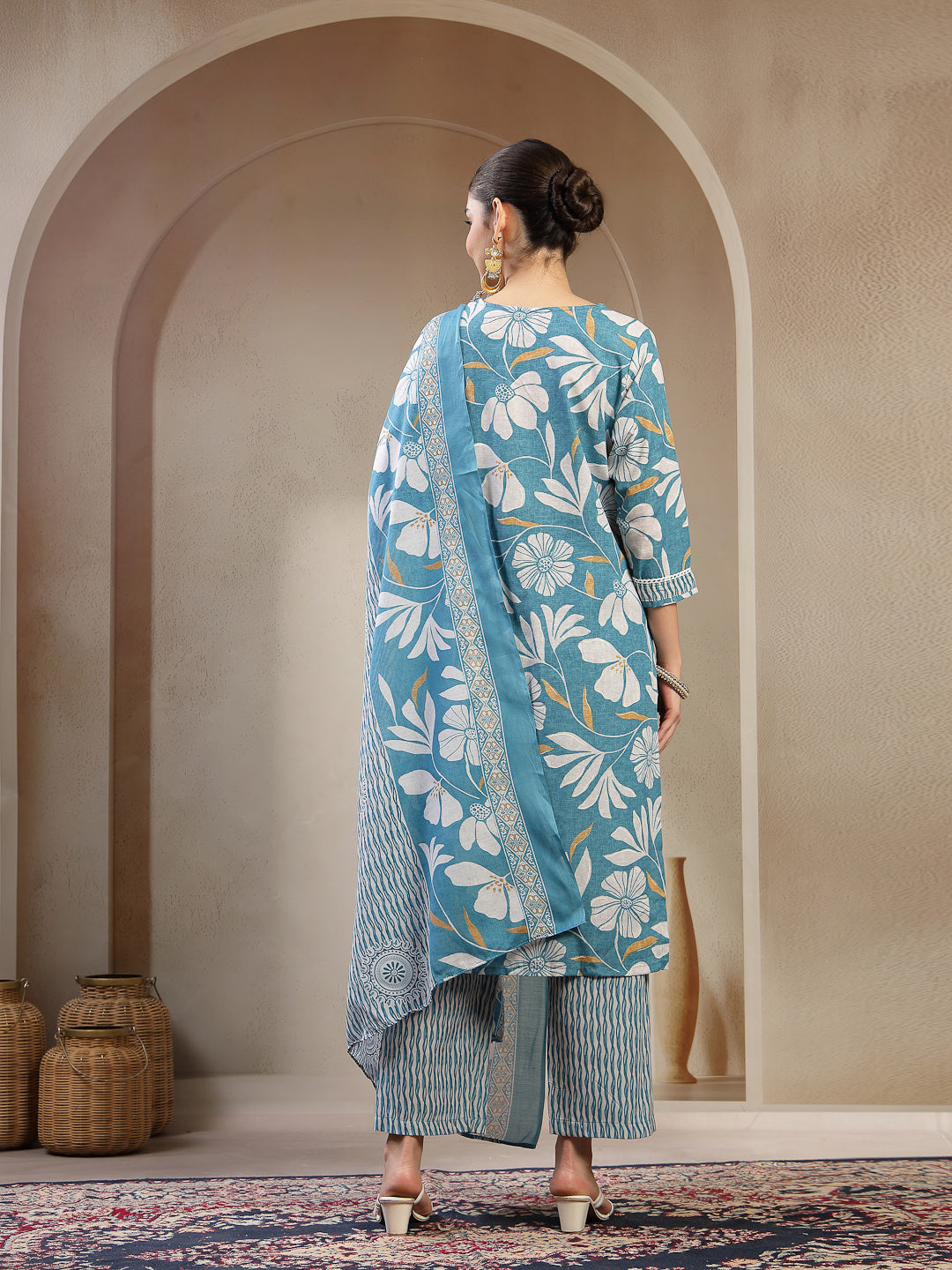 Turquoise Floral Printed Cotton Straight Kurta Pant Dupatta Set