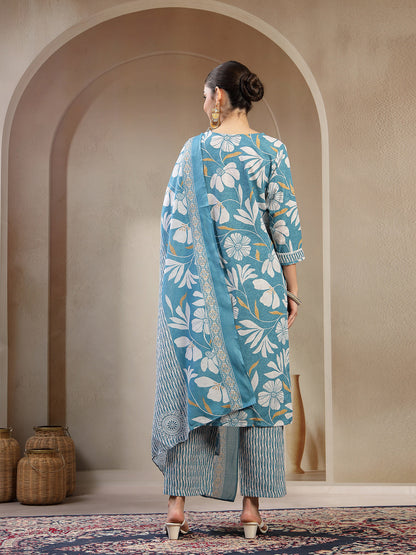 Turquoise Floral Printed Cotton Straight Kurta Pant Dupatta Set
