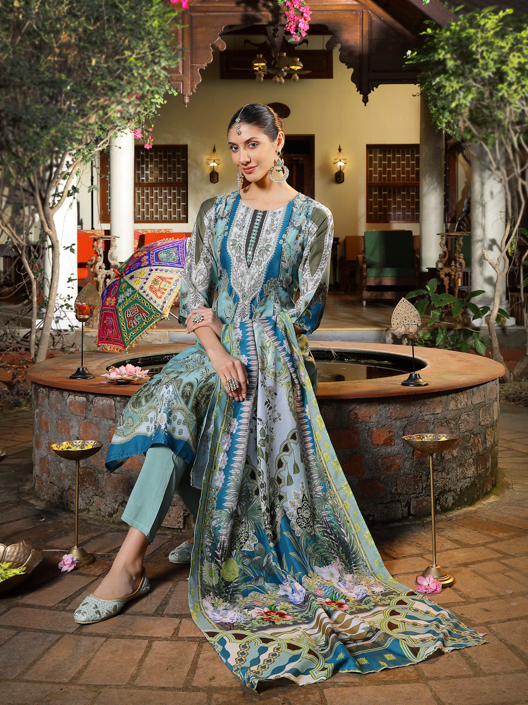 Turquoise Printed Aari Work  Muslin Straight Pakistani Kurta Pant Dupatta Set