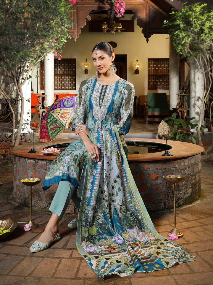 Turquoise Printed Aari Work  Muslin Straight Pakistani Kurta Pant Dupatta Set