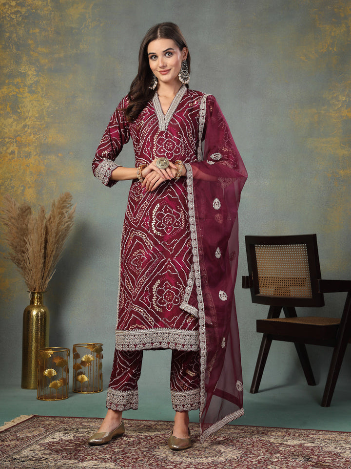 Violet Bandhani Print &amp; Embroidered Muslin Straight Kurta Pant Dupatta Set