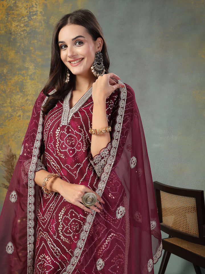 Violet Bandhani Print &amp; Embroidered Muslin Straight Kurta Pant Dupatta Set