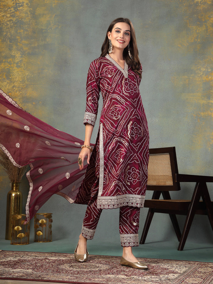 Violet Bandhani Print &amp; Embroidered Muslin Straight Kurta Pant Dupatta Set
