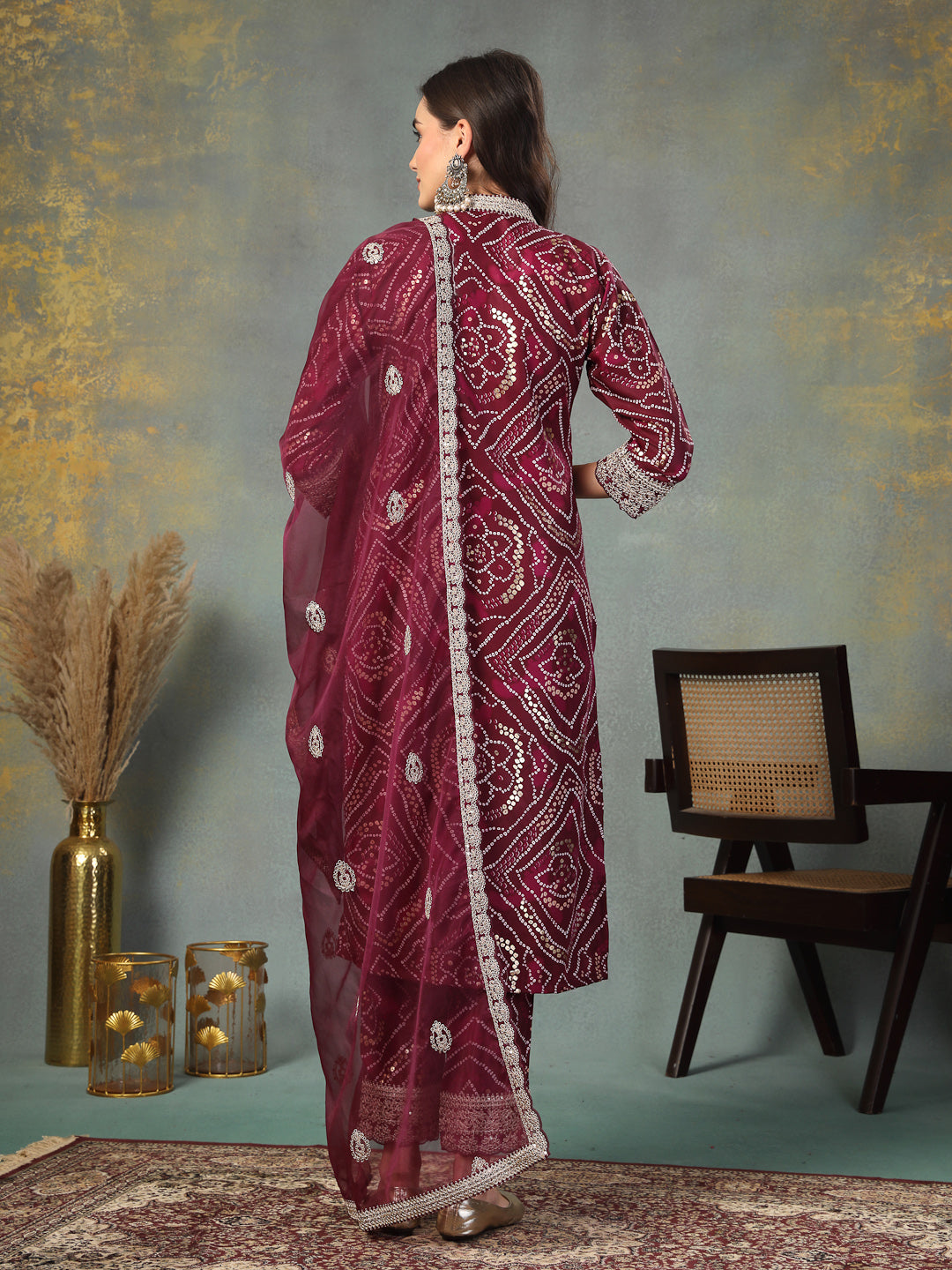 Violet Bandhani Print &amp; Embroidered Muslin Straight Kurta Pant Dupatta Set