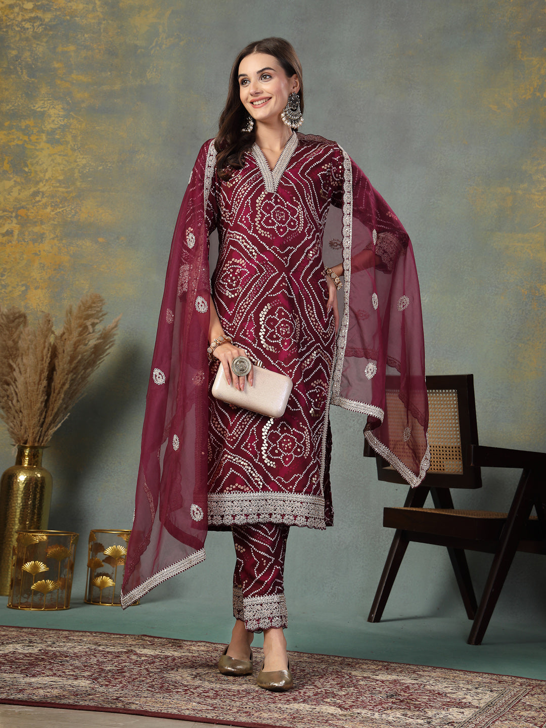 Violet Bandhani Print &amp; Embroidered Muslin Straight Kurta Pant Dupatta Set