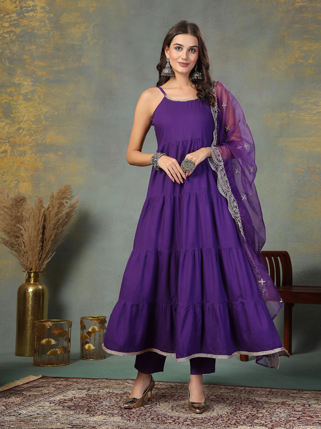 Violet Solid Rayon Tiered Kurta Pant Dupatta Set