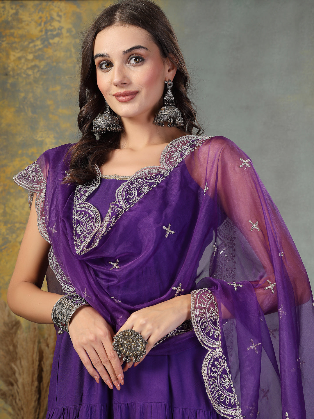 Violet Solid Rayon Tiered Kurta Pant Dupatta Set