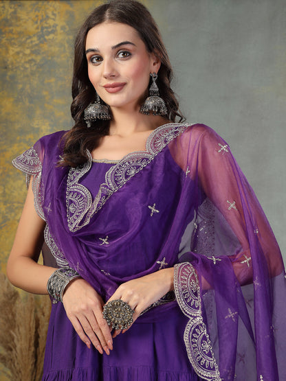 Violet Solid Rayon Tiered Kurta Pant Dupatta Set