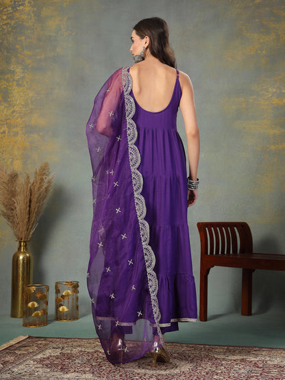 Violet Solid Rayon Tiered Kurta Pant Dupatta Set