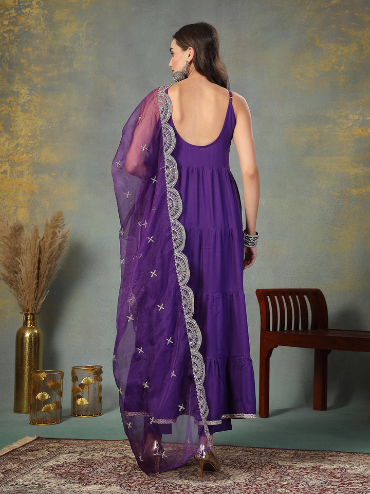 Violet Solid Rayon Tiered Kurta Pant Dupatta Set