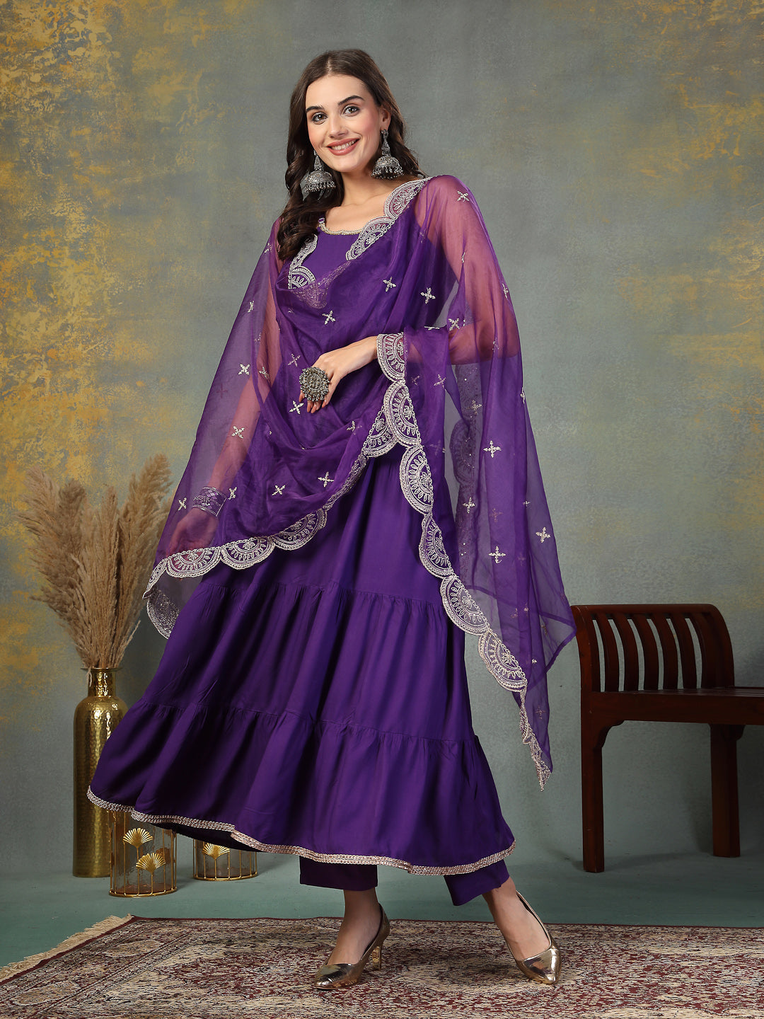 Violet Solid Rayon Tiered Kurta Pant Dupatta Set