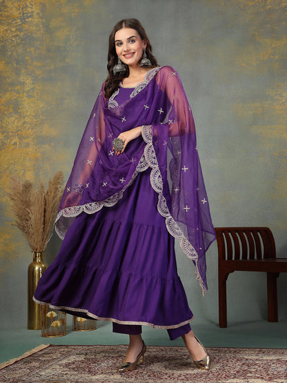 Violet Solid Rayon Tiered Kurta Pant Dupatta Set