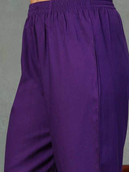 Violet Solid Rayon Tiered Kurta Pant Dupatta Set