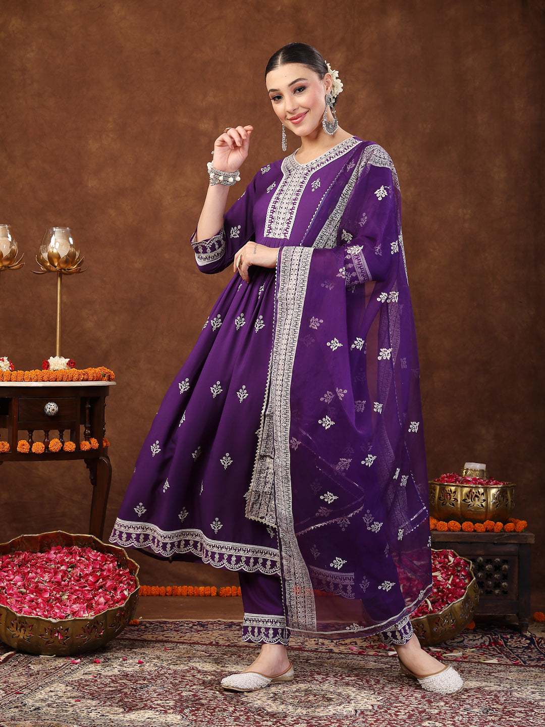 Violet Ethnic Motif Printed & Embroidered Rayon Flared Kurta Pant Dupatta Set