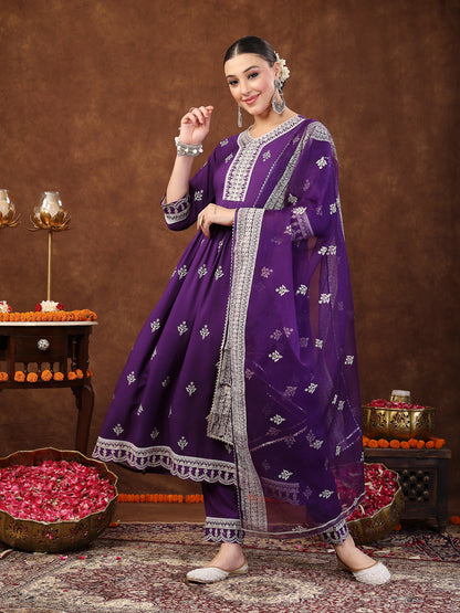 Violet Ethnic Motif Printed & Embroidered Rayon Flared Kurta Pant Dupatta Set (Pre-Order)
