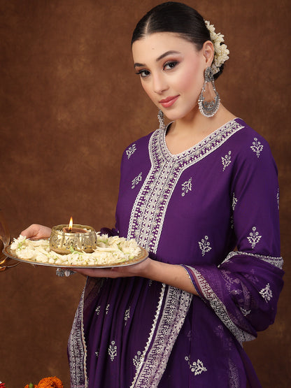 Violet Ethnic Motif Printed & Embroidered Rayon Flared Kurta Pant Dupatta Set