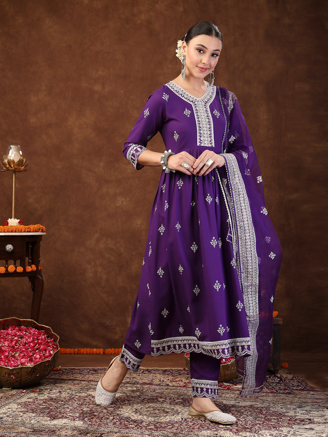 Violet Ethnic Motif Printed & Embroidered Rayon Flared Kurta Pant Dupatta Set