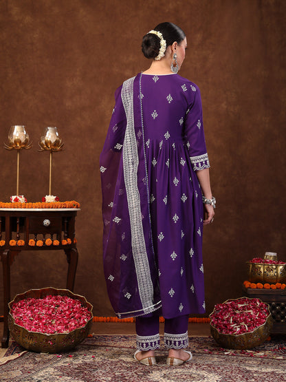 Violet Ethnic Motif Printed & Embroidered Rayon Flared Kurta Pant Dupatta Set