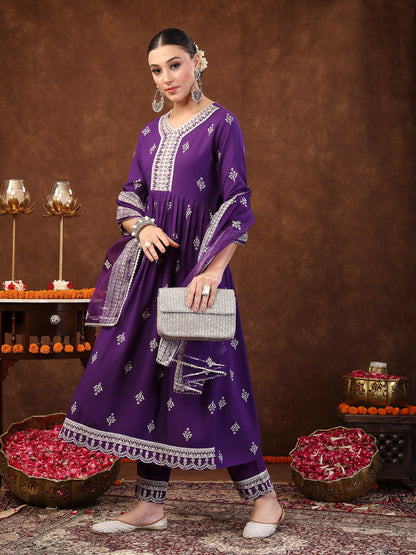Violet Ethnic Motif Printed & Embroidered Rayon Flared Kurta Pant Dupatta Set