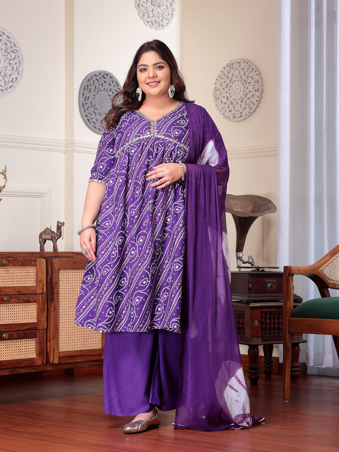 Plus Size Bandhej Printed Rayon Naira Cut Kurta Palazzo Dupatta Set