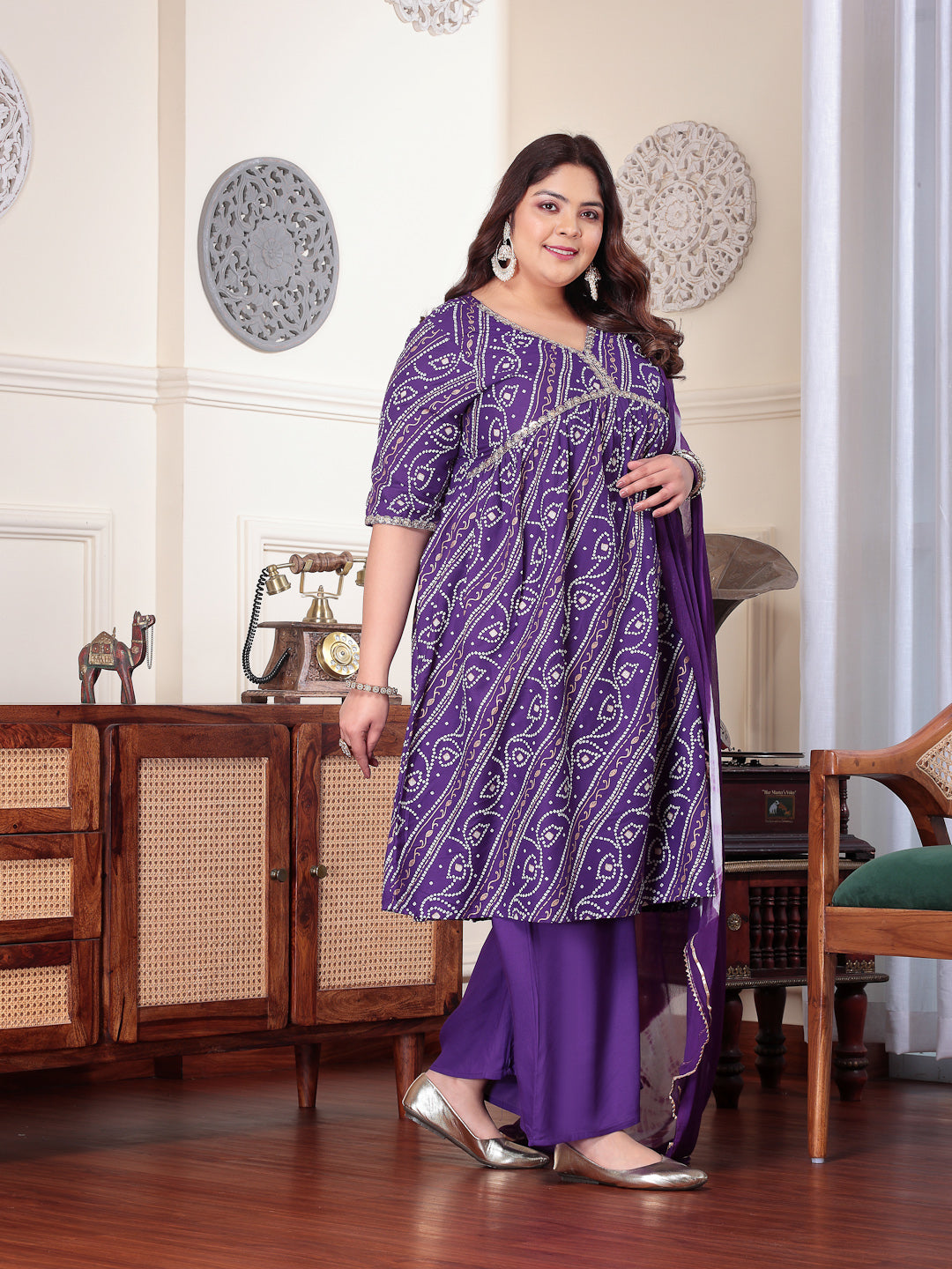 Plus Size Bandhej Printed Rayon Naira Cut Kurta Palazzo Dupatta Set (Pre-Order)