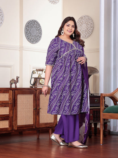 Plus Size Bandhej Printed Rayon Naira Cut Kurta Palazzo Dupatta Set (Pre-Order)