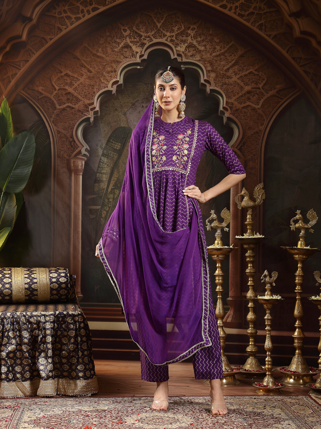 Voilet Printed & Embroidered Rayon Straight Kurta Pant Dupatta Set (Pre-Order)