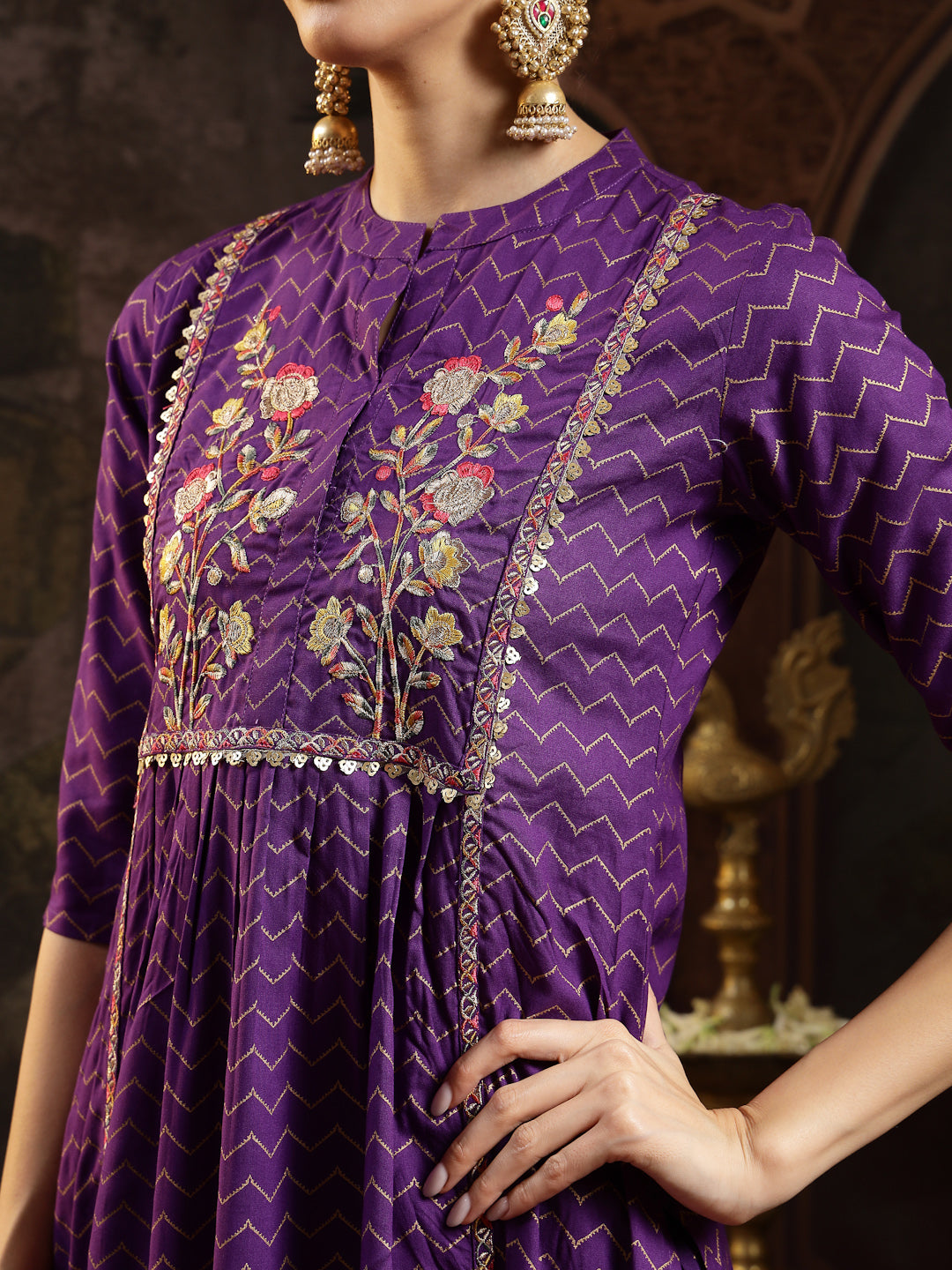 Voilet Printed & Embroidered Rayon Straight Kurta Pant Dupatta Set (Pre-Order)
