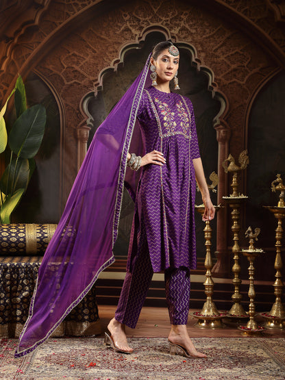 Voilet Printed & Embroidered Rayon Straight Kurta Pant Dupatta Set