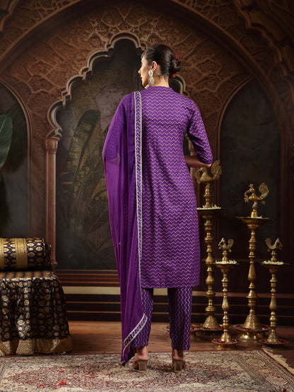 Voilet Printed & Embroidered Rayon Straight Kurta Pant Dupatta Set (Pre-Order)