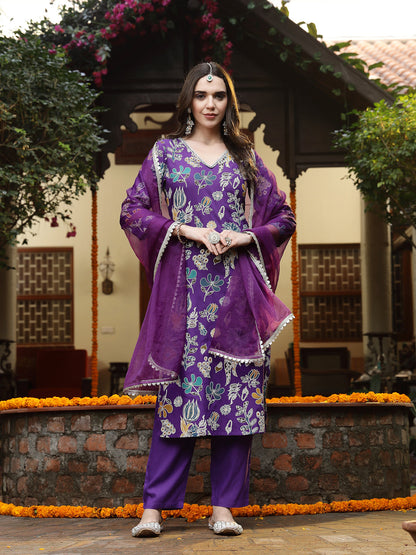 Violet Floral Printed Rayon Straight Kurta Pant Dupatta Set