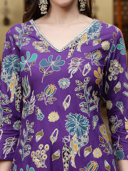 Violet Floral Printed Rayon Straight Kurta Pant Dupatta Set