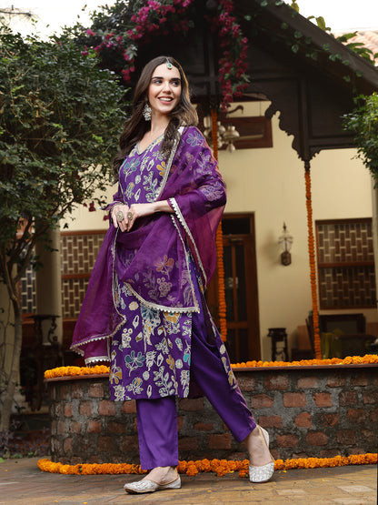 Violet Floral Printed Rayon Straight Kurta Pant Dupatta Set