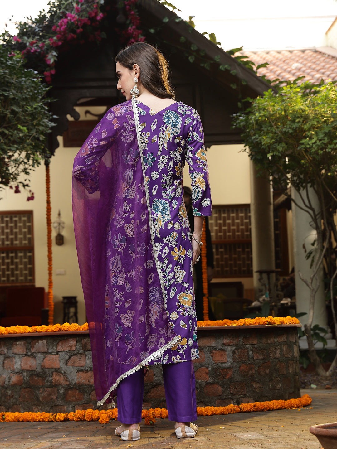 Violet Floral Printed Rayon Straight Kurta Pant Dupatta Set
