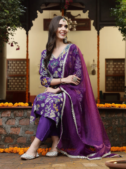 Violet Floral Printed Rayon Straight Kurta Pant Dupatta Set