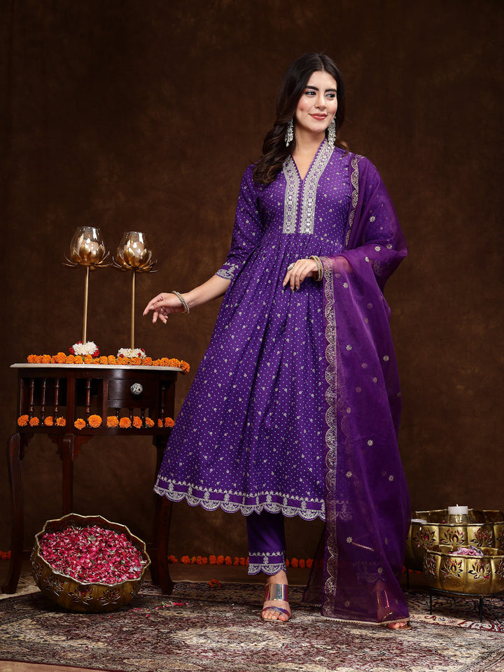 Violet Bandhani Printed &amp; Embroidered Rayon Flared Kurta Pant Dupatta Set