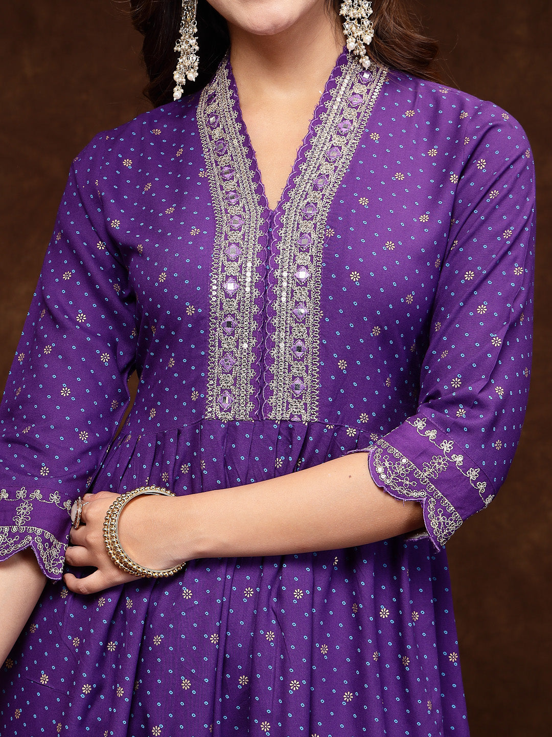 Violet Bandhani Printed &amp; Embroidered Rayon Flared Kurta Pant Dupatta Set
