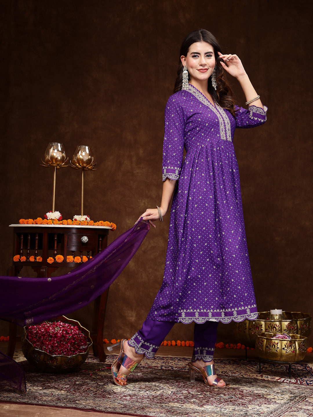 Violet Bandhani Printed &amp; Embroidered Rayon Flared Kurta Pant Dupatta Set